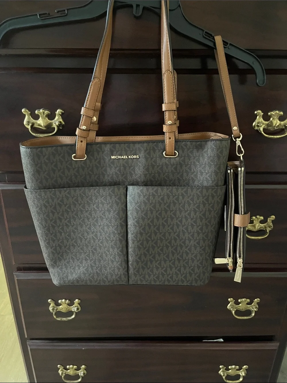 Michael Kors Brown MK Logo Tote with Tan Trim